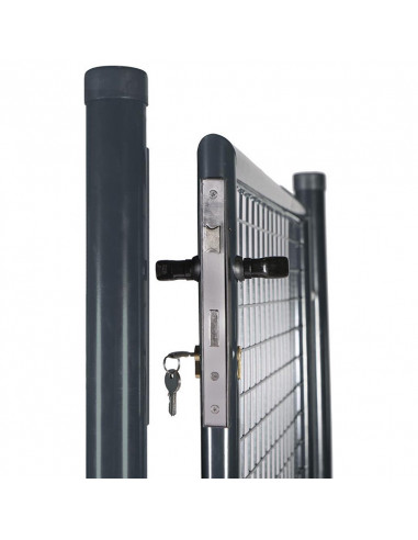 Detalles cerradura puerta de valla con rejilla. Nice Gate Gris.